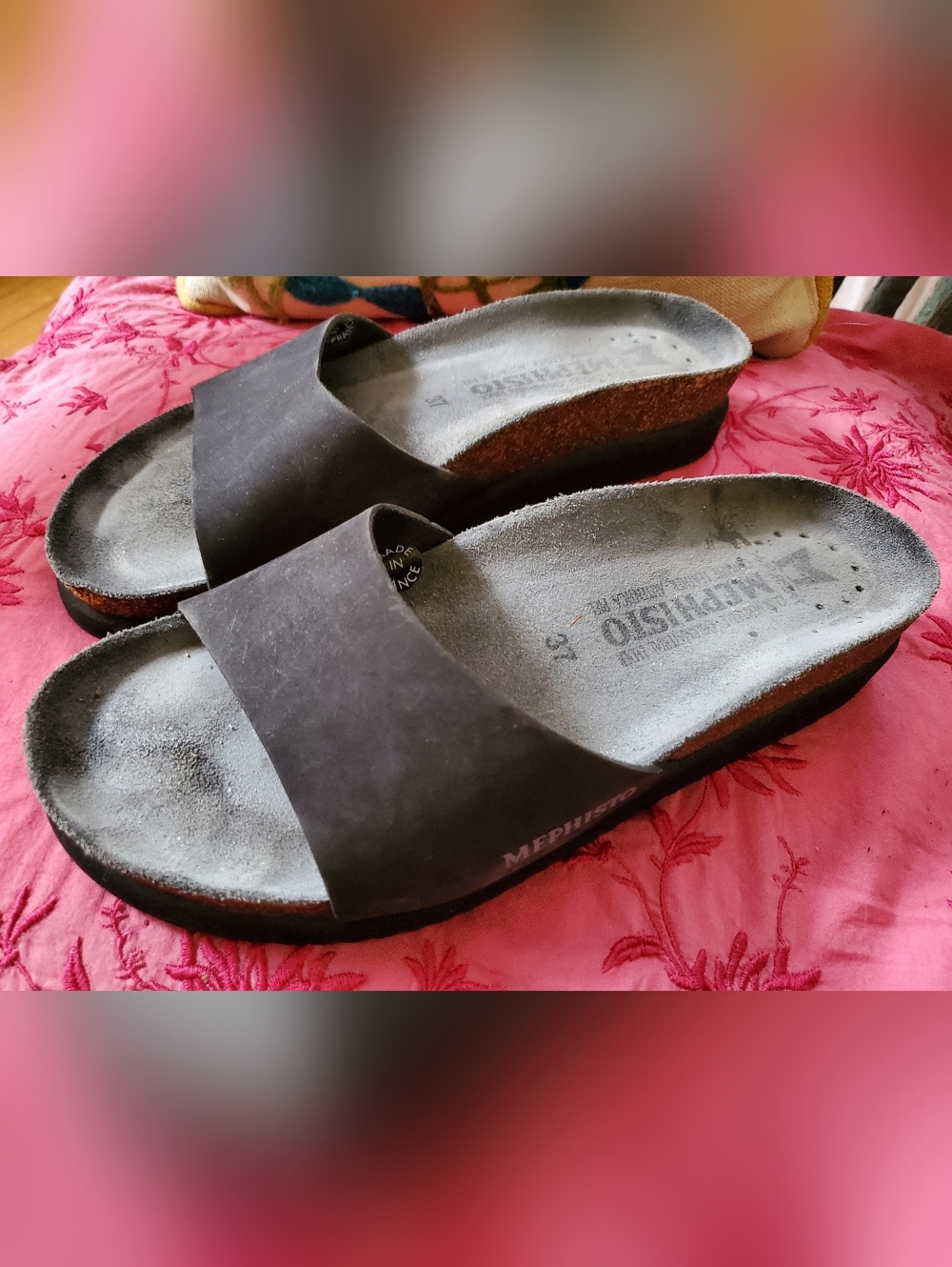 Mephisto Black Suede 1 Strap Slide Sandals